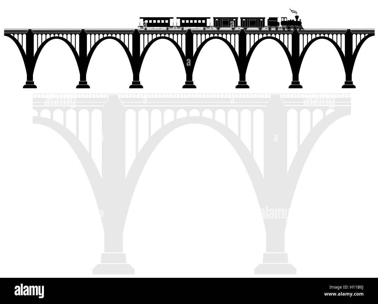 Openwork arch ponte di cemento con una locomotiva a vapore. Le infrastrutture di trasporto. Trasporto di passeggeri. Illustrazione Vettoriale