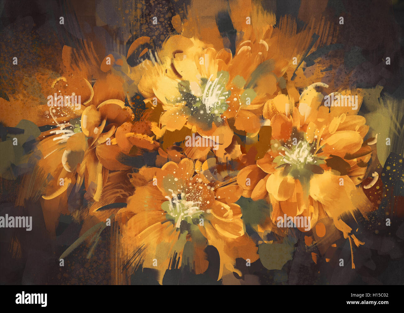 La pittura digitale di coloratissimi fiori astratti con texture grunge, illustrazione Foto Stock