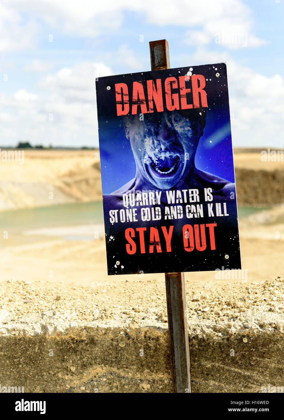 Segnale di avvertimento in corrispondenza di una cava locale che mostra una persona annegamento in acqua fredda. Foto Stock