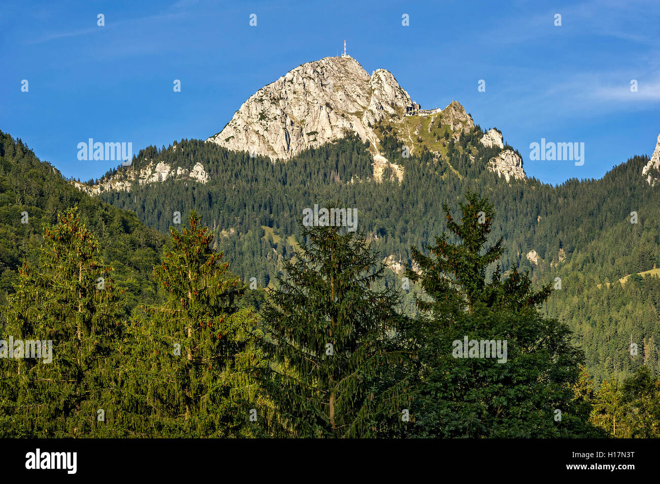 Berg Wendelstein mit Sendeanlage des BR am Gipfel, Bayerische Voralpen, Oberbayern, Bayern, Deutschland Foto Stock