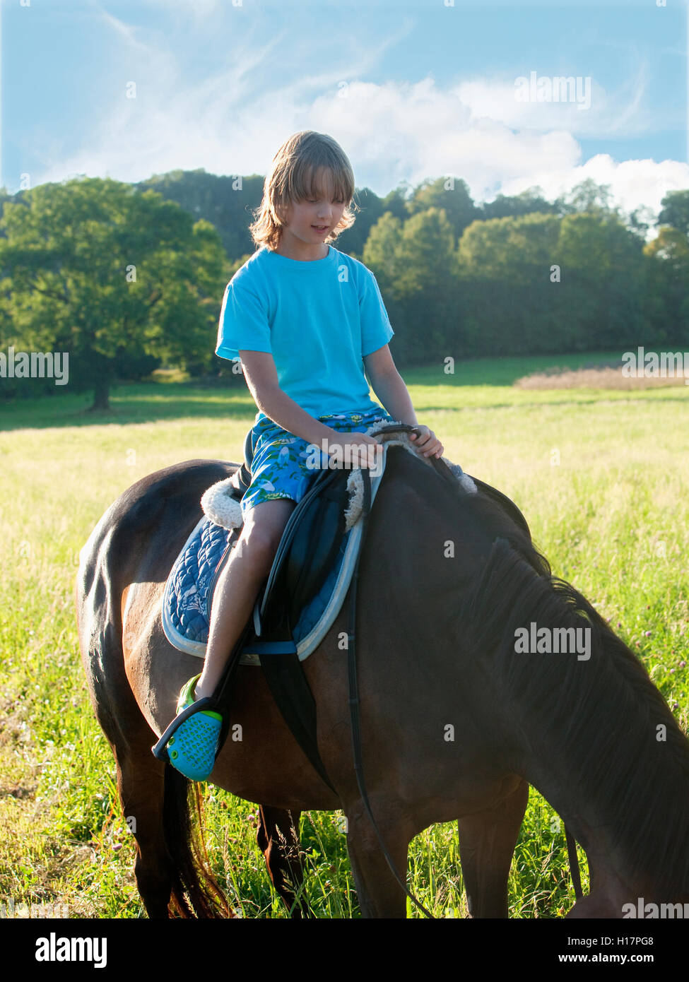 Ragazzo in una sella del cavallo di imparare a Cavallo Foto Stock