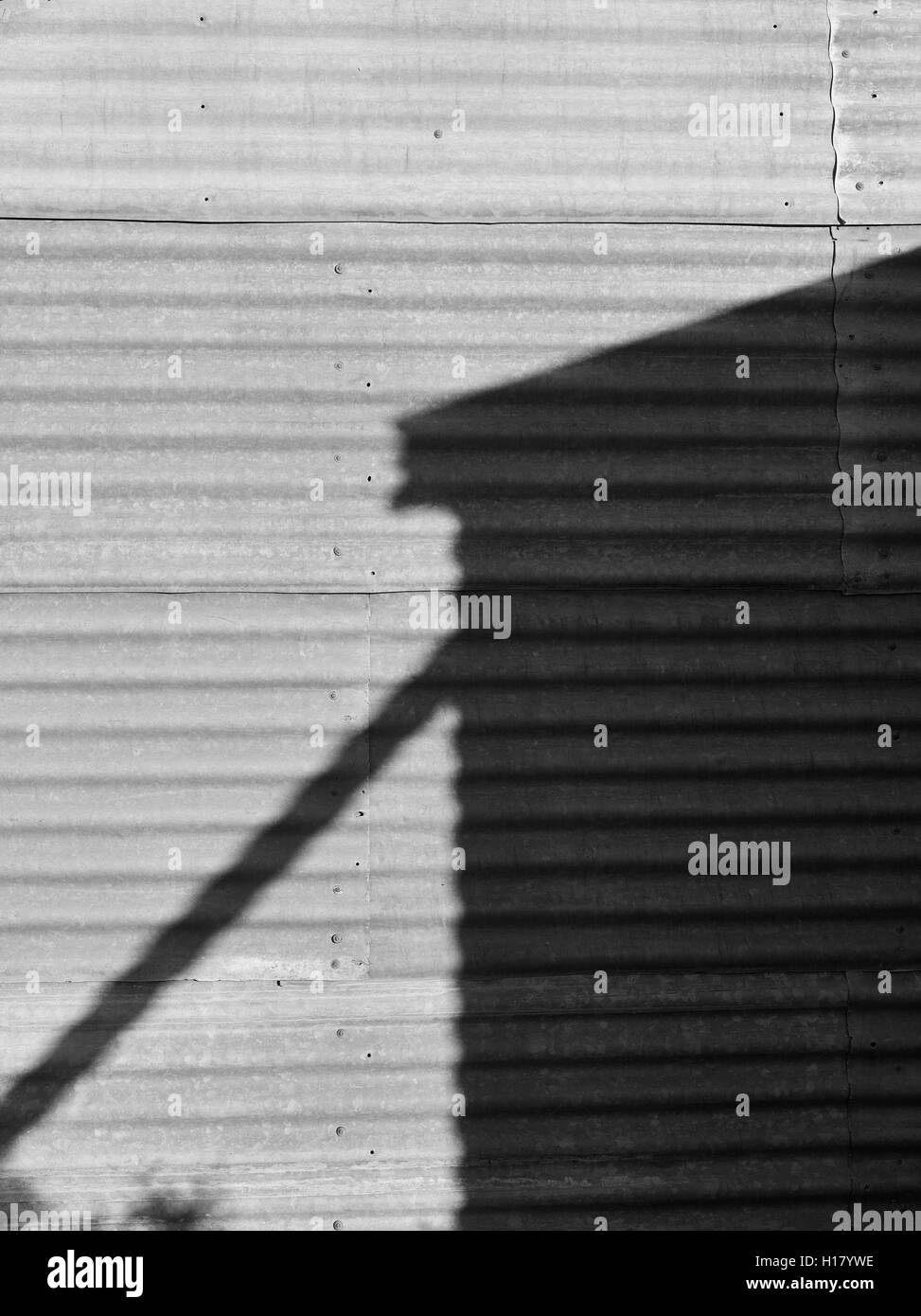 Immagine in bianco e nero outback australiano. Ombra di acqua del serbatoio sul ferro corrugato parete. Foto Stock