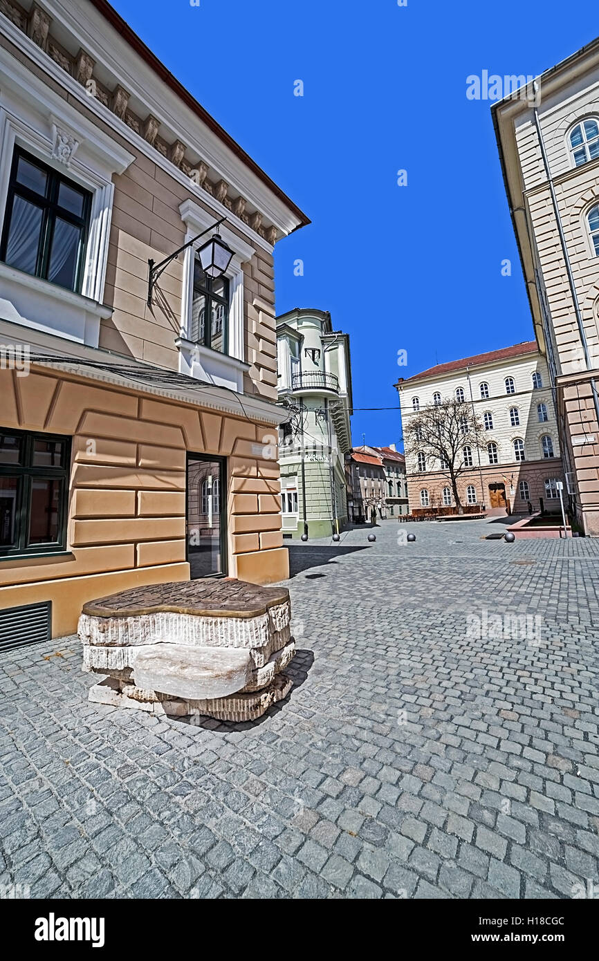 TIMISOARA, Romania - Aprile 3, 2016: incrocio di strade con mappa simbolico dal bronzo nel centro storico di Timisoara, R Foto Stock