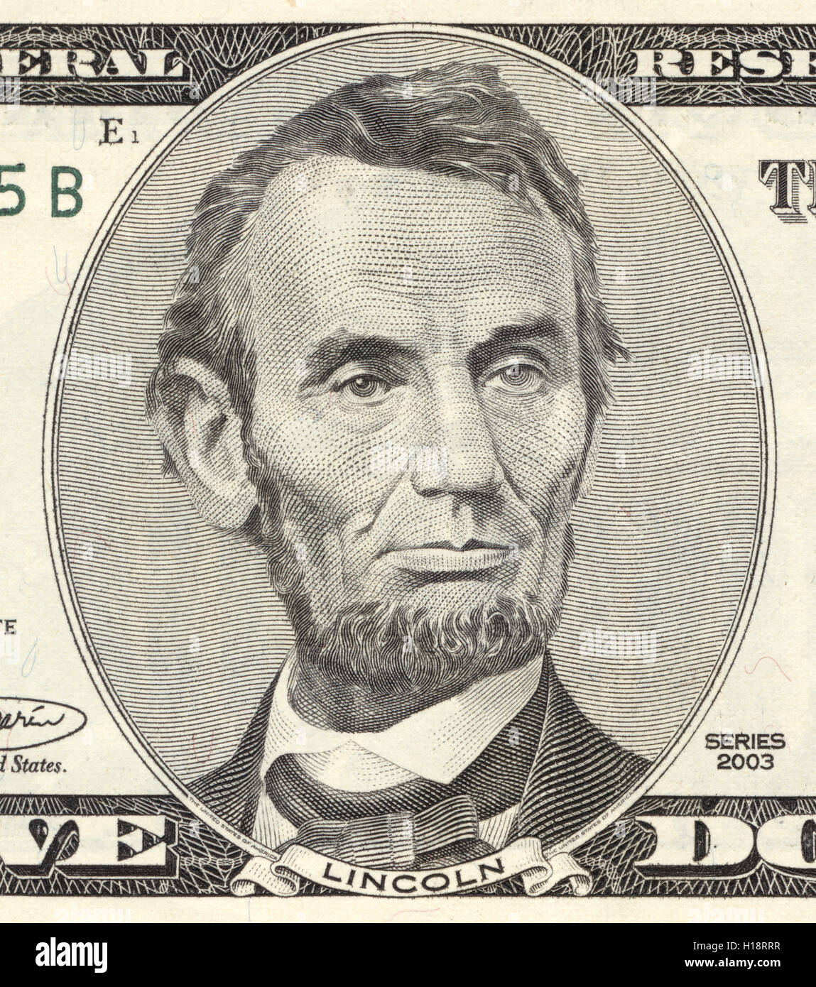 Abraham Lincoln ritratto su cinque-dollaro, primo piano. True colors Foto Stock