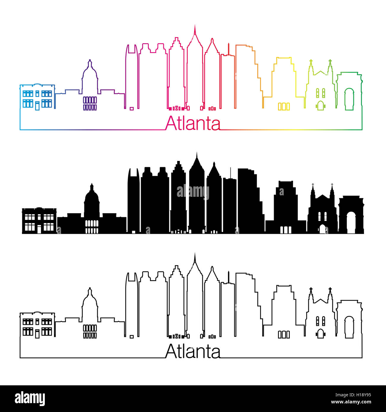 Atlanta skyline stile lineare con arcobaleno nel modificabile file vettoriali Foto Stock