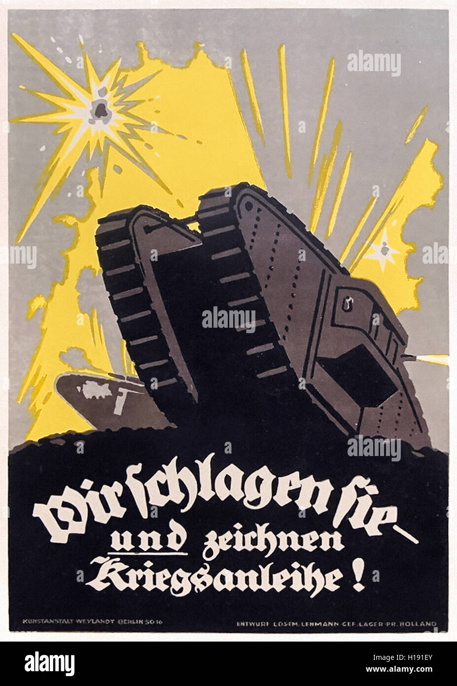 Wir Schlagen Sie - und zeichnen Kriegsanleihe! (Abbiamo battuto voi - e sottoscrizione di prestiti di guerra!) 1918 WW1 poster pubblicitari per il tedesco interno di prestiti per finanziare la guerra, progettato da Martin Lehmann (1884-1950) con l'immagine di un britannico Mark IV serbatoio. Foto Stock