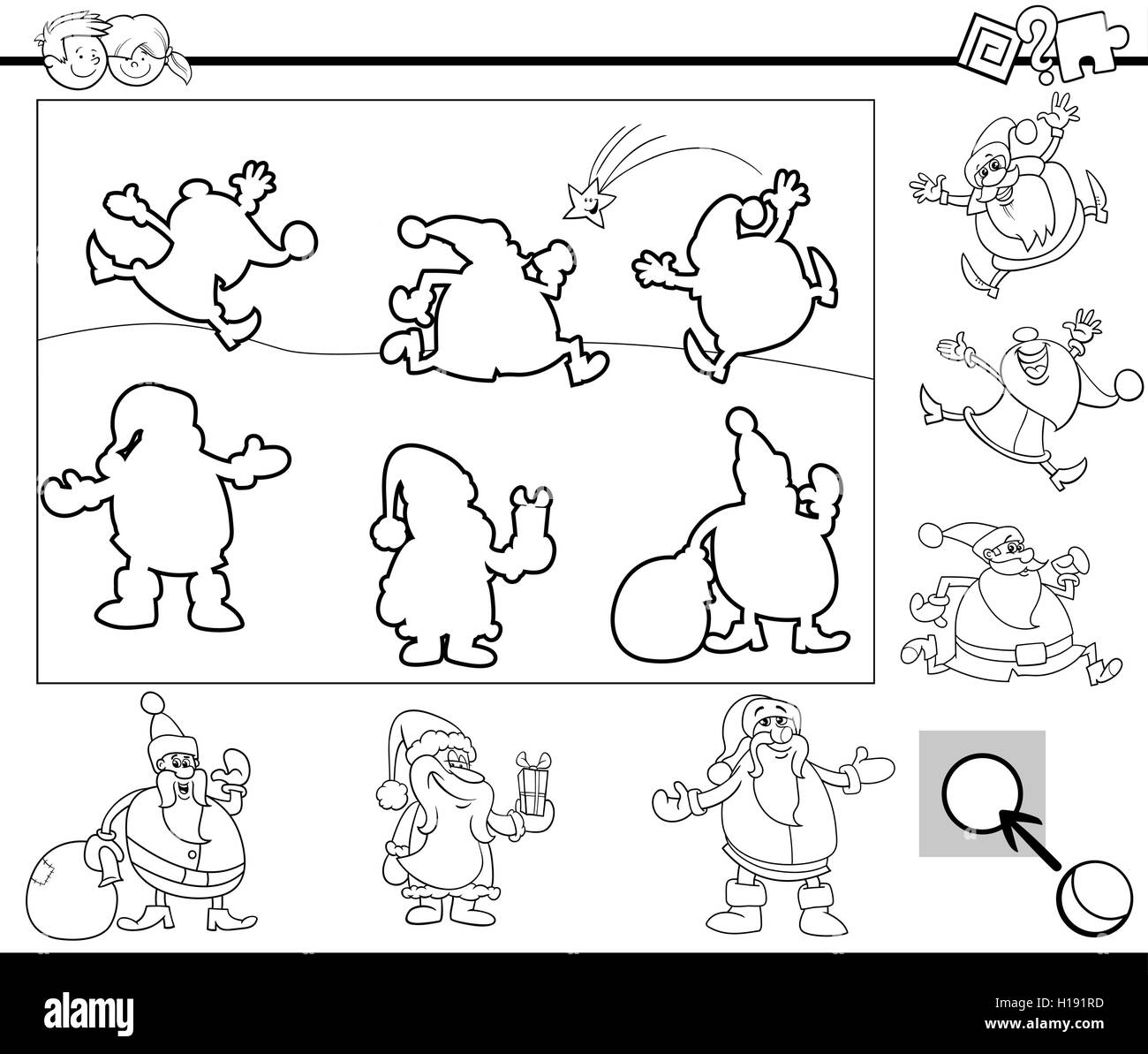 Bianco e Nero Cartoon illustrazione dell attività educativa Attività per bambini in età prescolare con Babbo Natale caratteri per Colorin Illustrazione Vettoriale