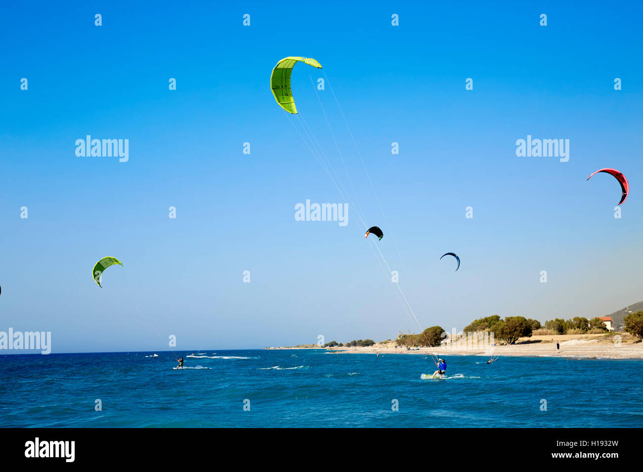 Il kite surf, Rodi, Grecia Foto Stock