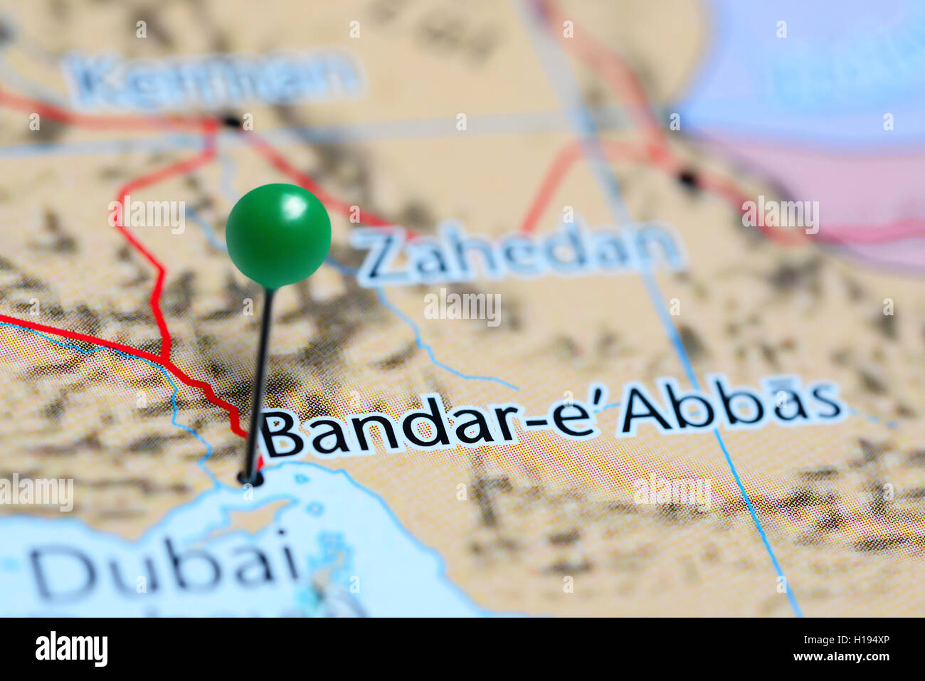 Bandar Abbas imperniata su una mappa di Iran Foto Stock