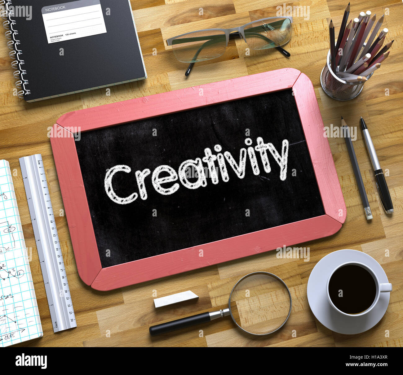 Piccola lavagna con il concetto di creatività. 3D. Foto Stock