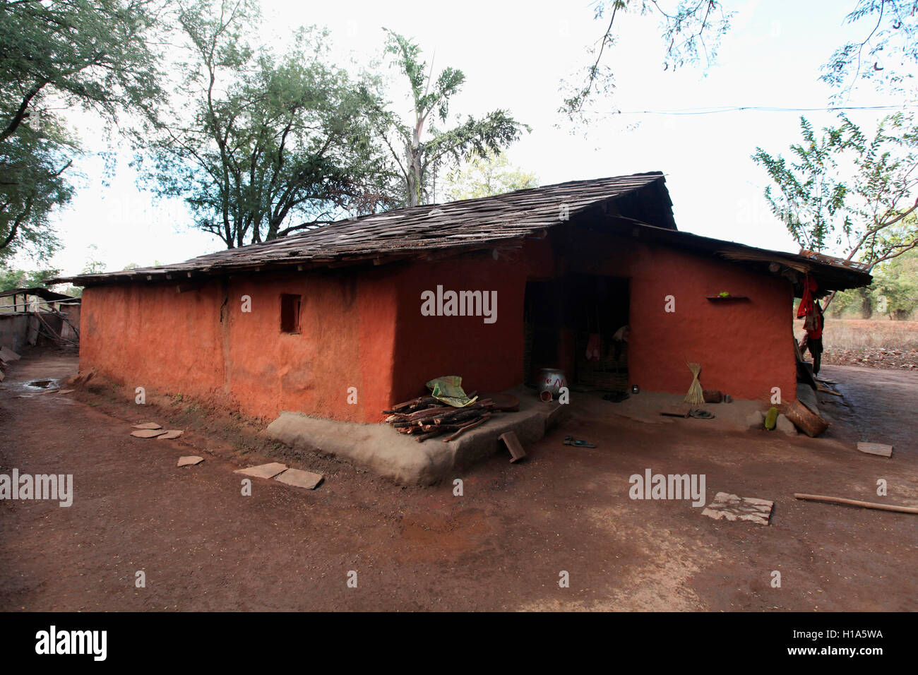 Casa tribali, Dhurwa tribù, villaggio Gonchapar, Chattisgarh, India Foto Stock