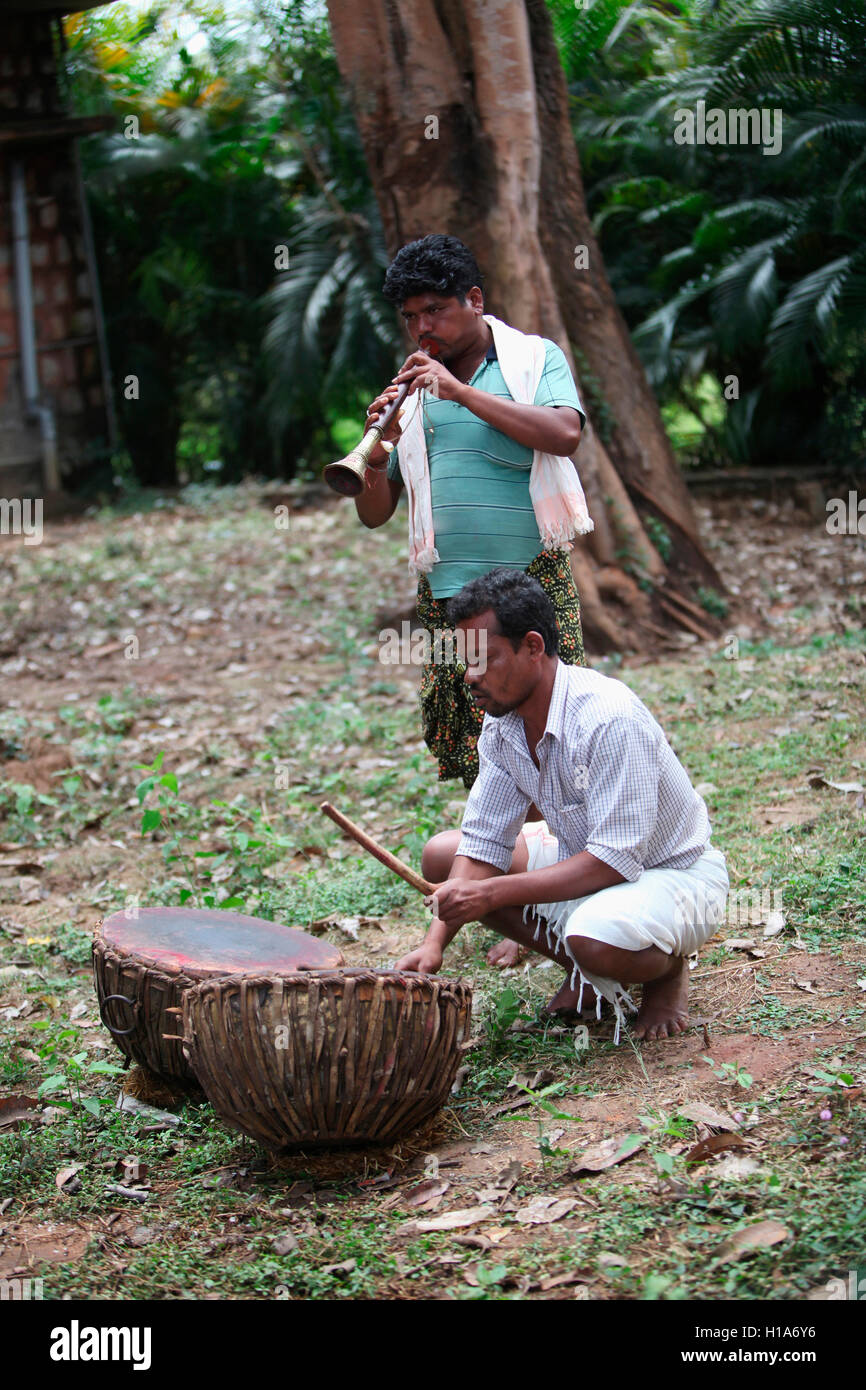 I musicisti suonano i tamburi e shehnai, danteshwari mandir locali, chattisgarh, India Foto Stock