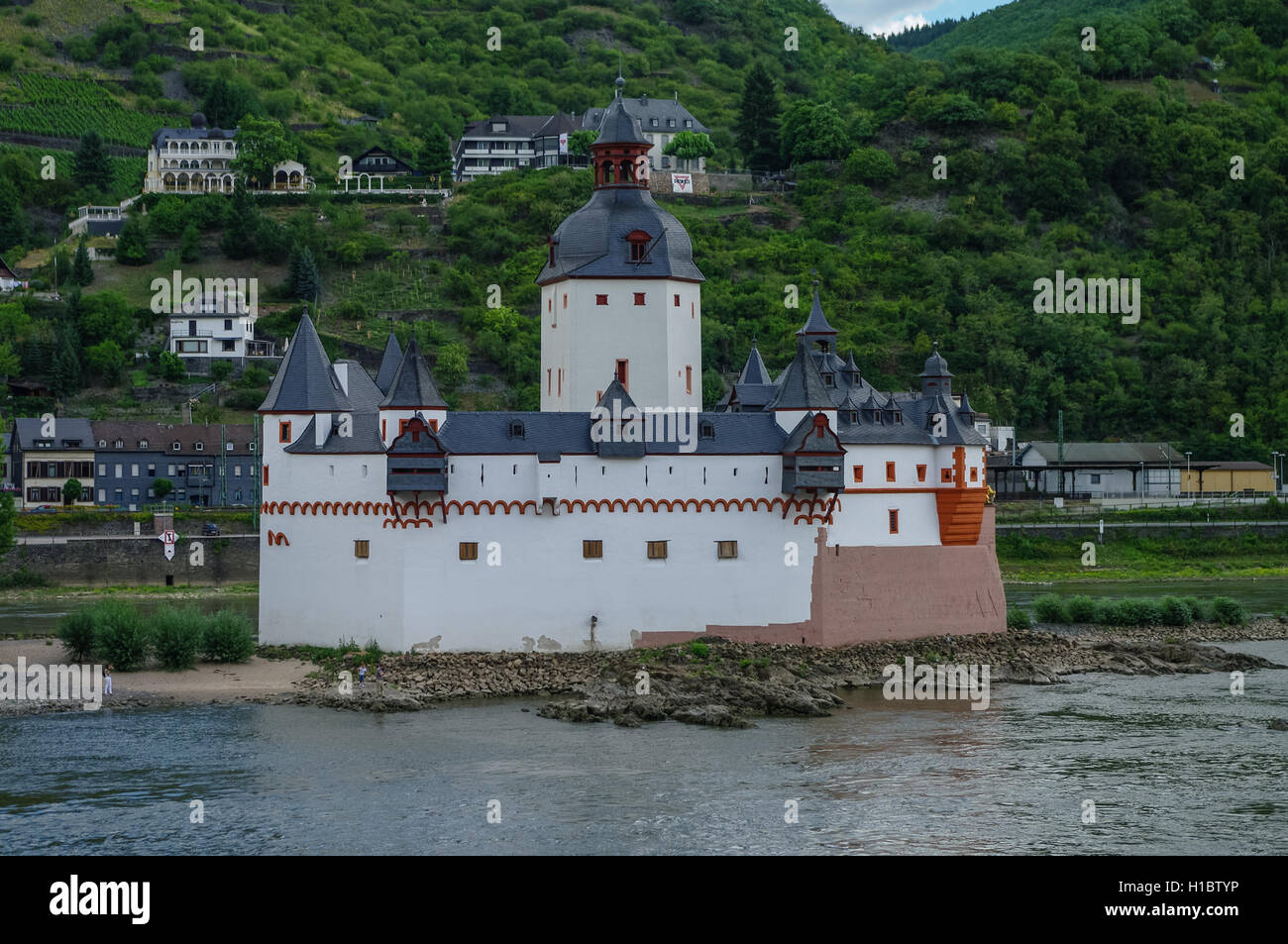 Castello medievale Burg Pfalzgrafenstein a valle del reno, vicino Kaub, Germania Foto Stock