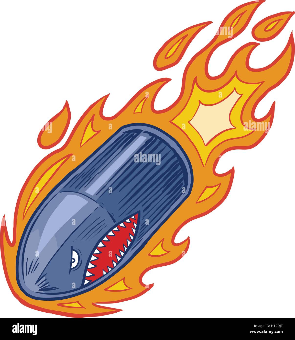 Vector cartoon clip art illustrazione di un arrabbiato bullet o guscio di artiglieria mascotte in fiamme con una bocca di squalo faccia Illustrazione Vettoriale