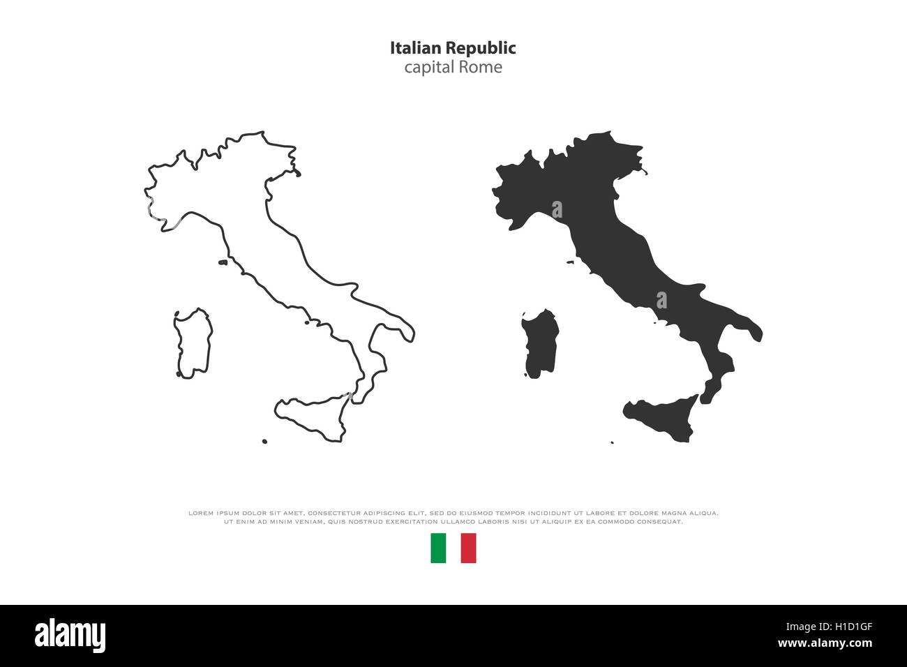 Repubblica italiana mappa isolato e bandiera ufficiale icone. set di vettore Italia mappe politico icone. Mediterraneo, paese europeo Illustrazione Vettoriale