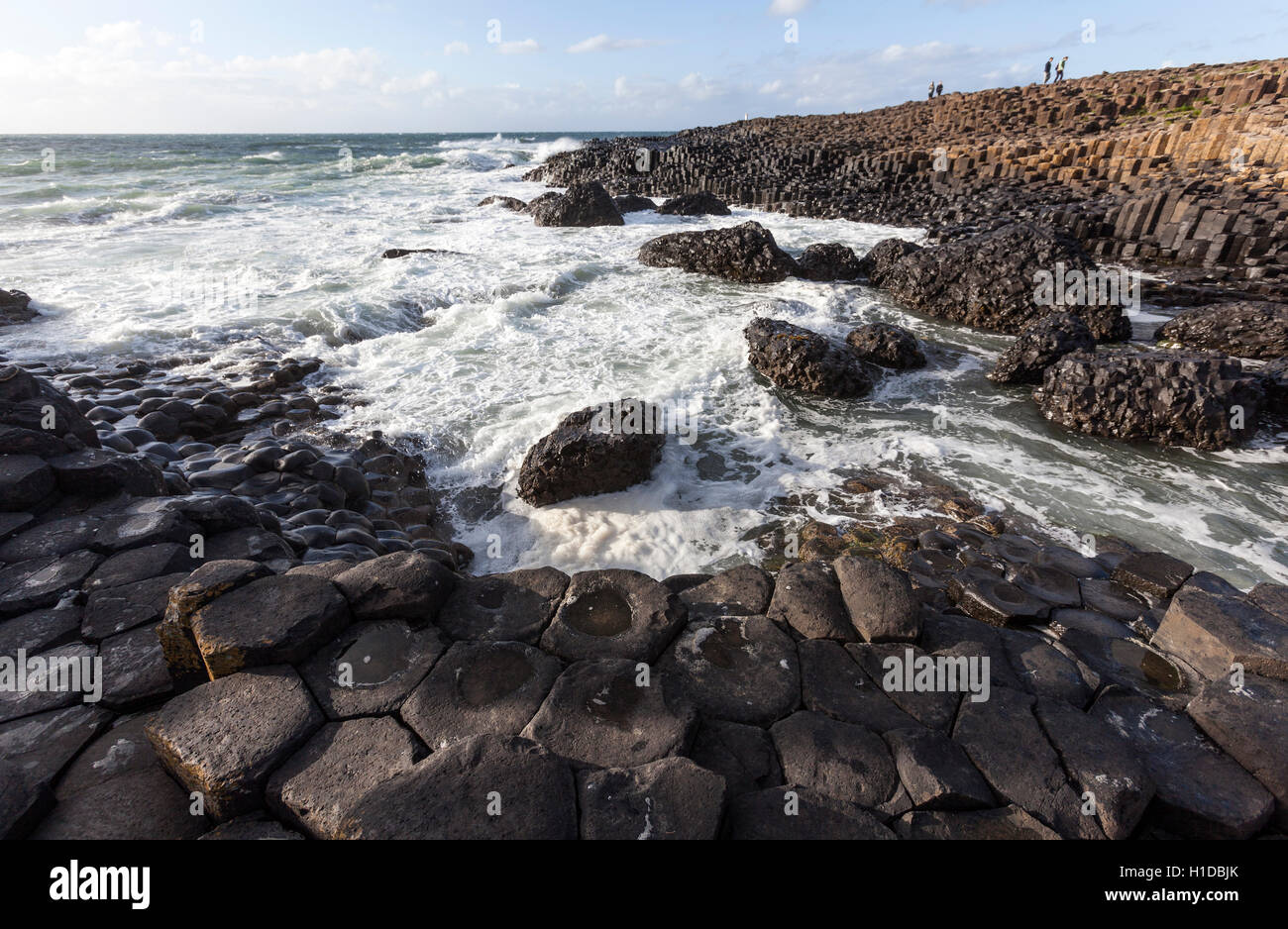 Le onde battendo le colonne di basalto a Giant's Causeway, Bushmills, County Antrim, Irlanda del Nord, Regno Unito Foto Stock