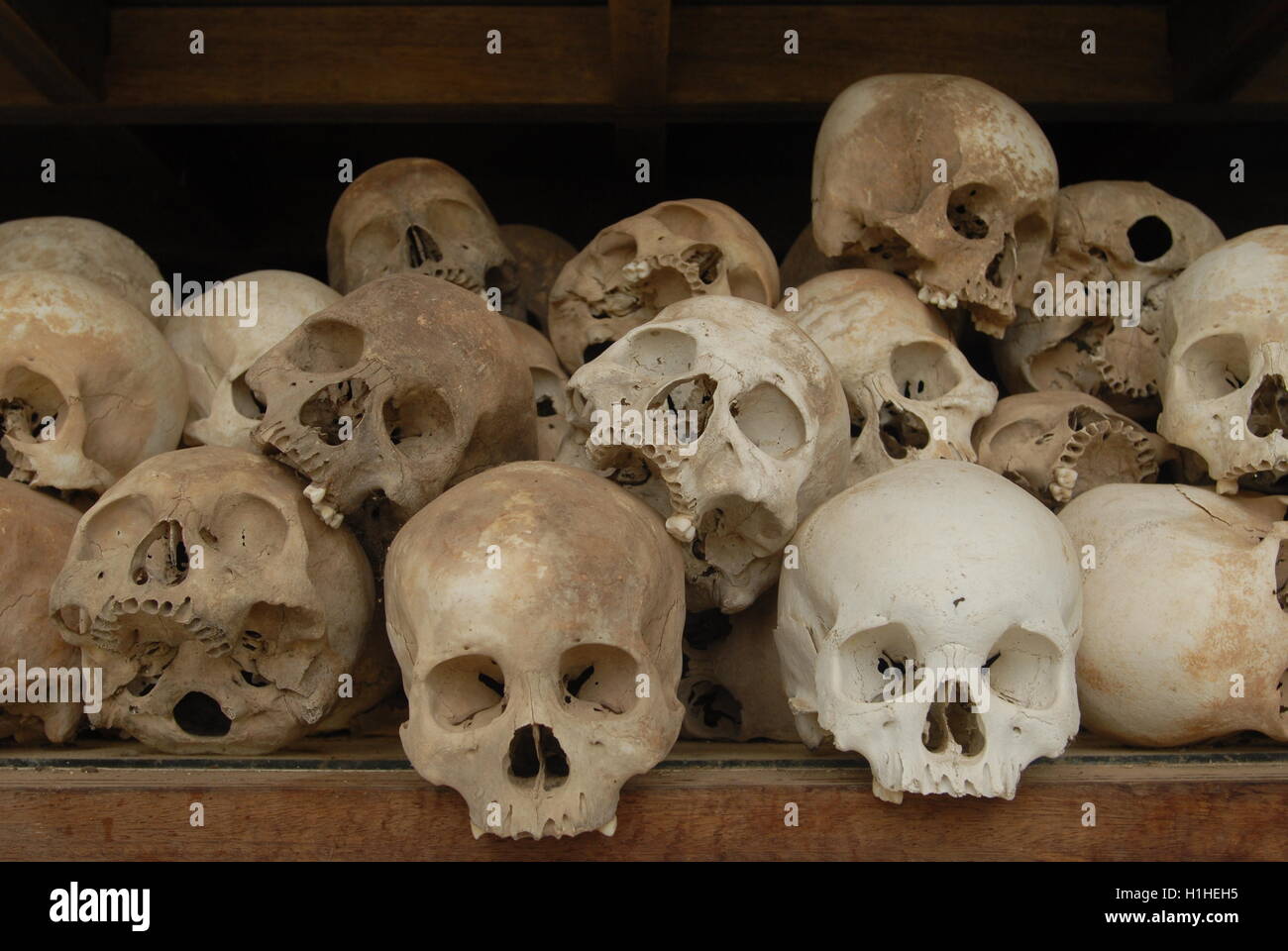 Il Killing Fields, teschi umani a Choeung Ek Genocide Memorial, Phnom Penh Cambogia. Credito: Kraig Lieb Foto Stock