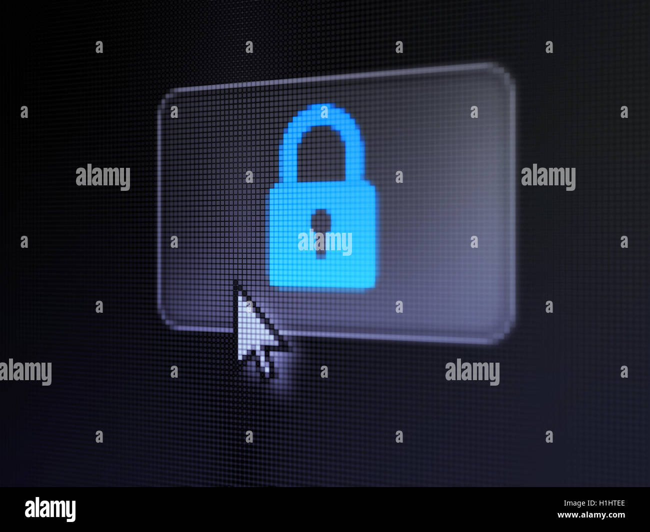 Concetto di sicurezza: lucchetto chiuso sul pulsante digitale sullo sfondo Foto Stock