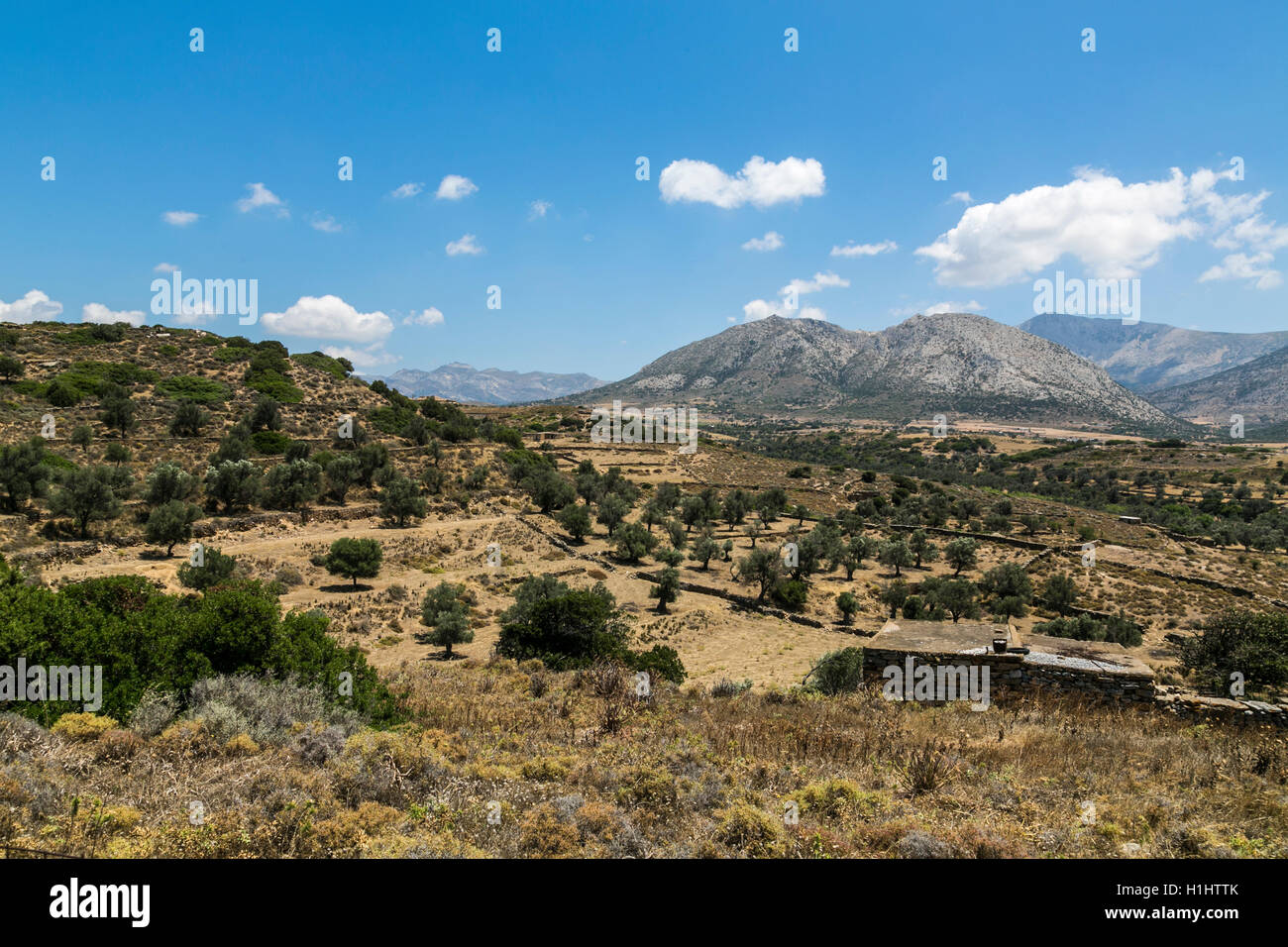 Paesaggio greco con prato, montagna e cielo blu Foto Stock
