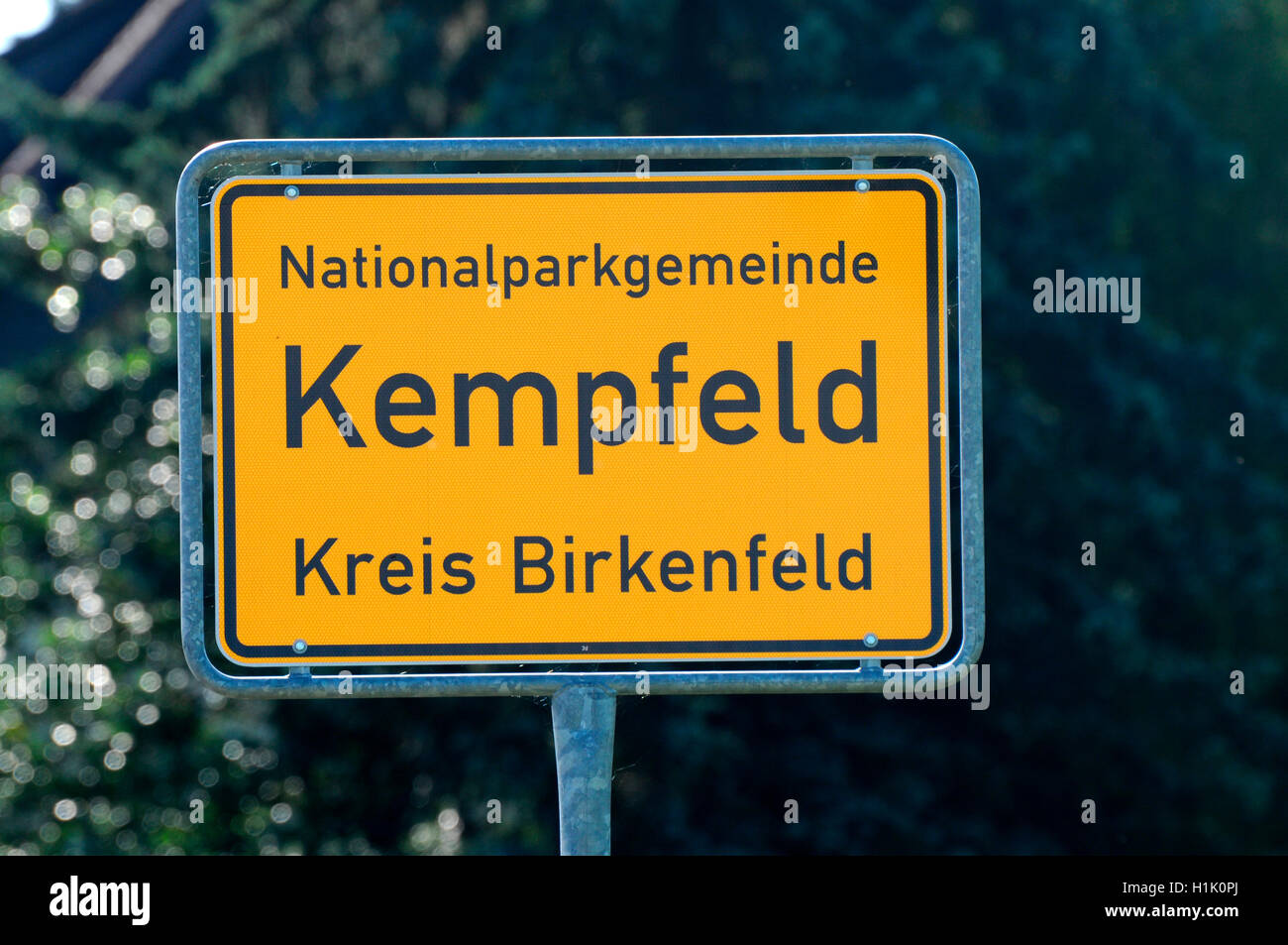 Città segno, Kempfeld, hunsrueck, parco nazionale hunsrueck-hochwald, Germania Foto Stock