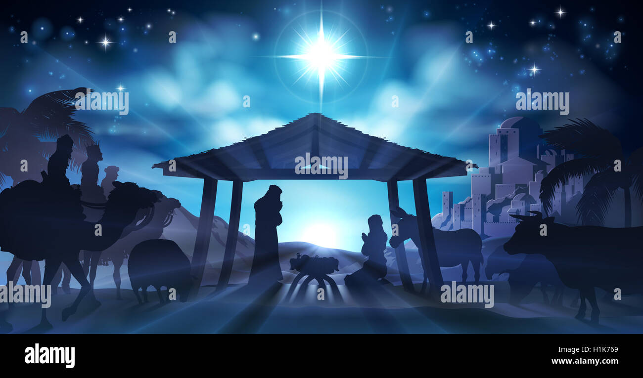 Natale cristiano scena della Natività del Bambino Gesù nella mangiatoia con Maria e Giuseppe in silhouette circondato dagli animali e il Foto Stock