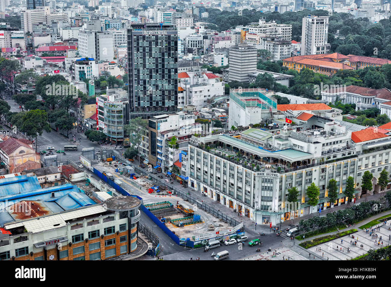 Vista in elevazione del Distretto 1, Ho Chi Minh City, Vietnam. Foto Stock