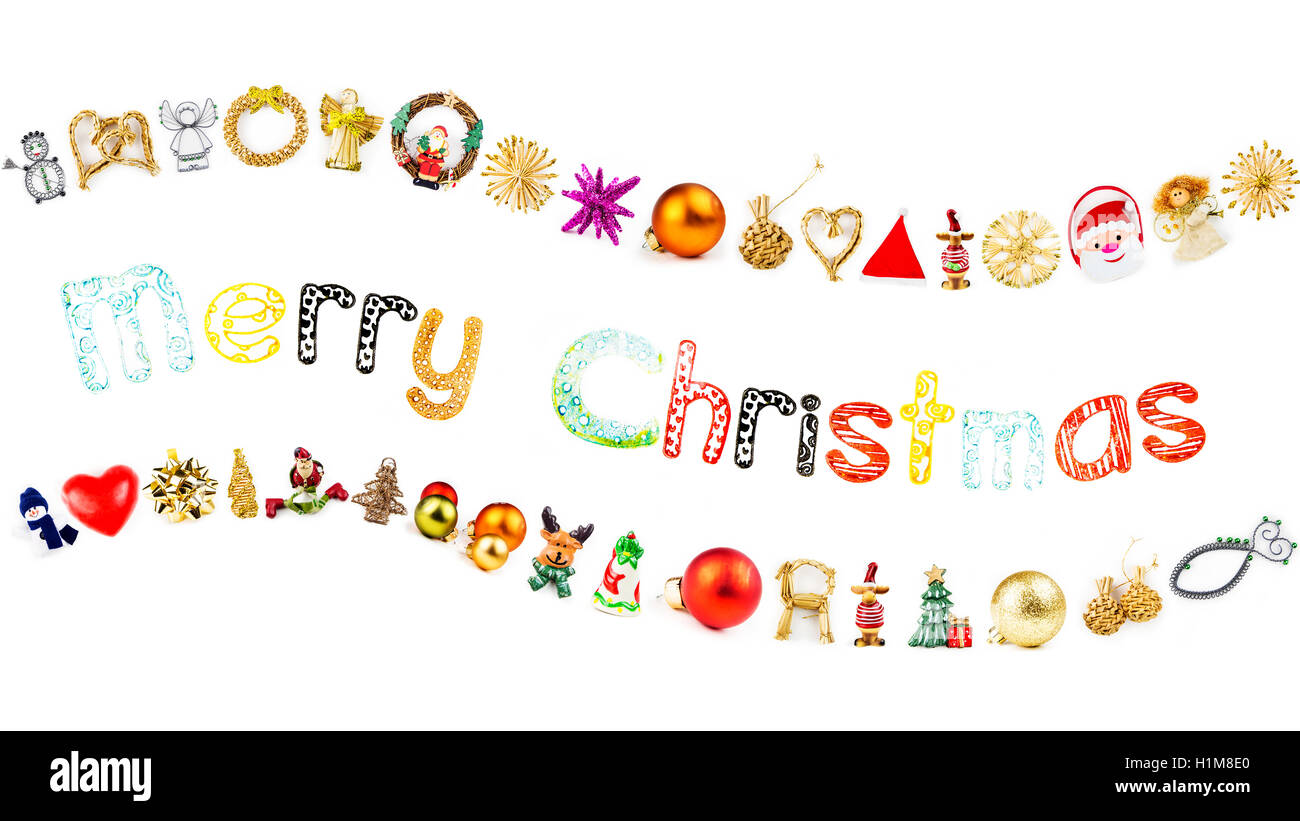 Le decorazioni di Natale con la divertente Merry Christmas testo formando un'onda su sfondo bianco Foto Stock