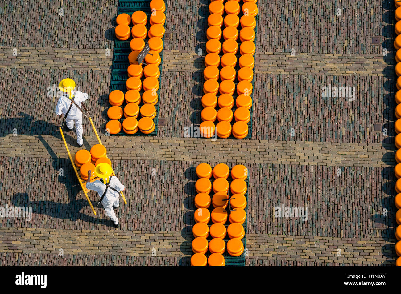 I vettori al mercato del formaggio di Alkmaar, visto da sopra Foto Stock