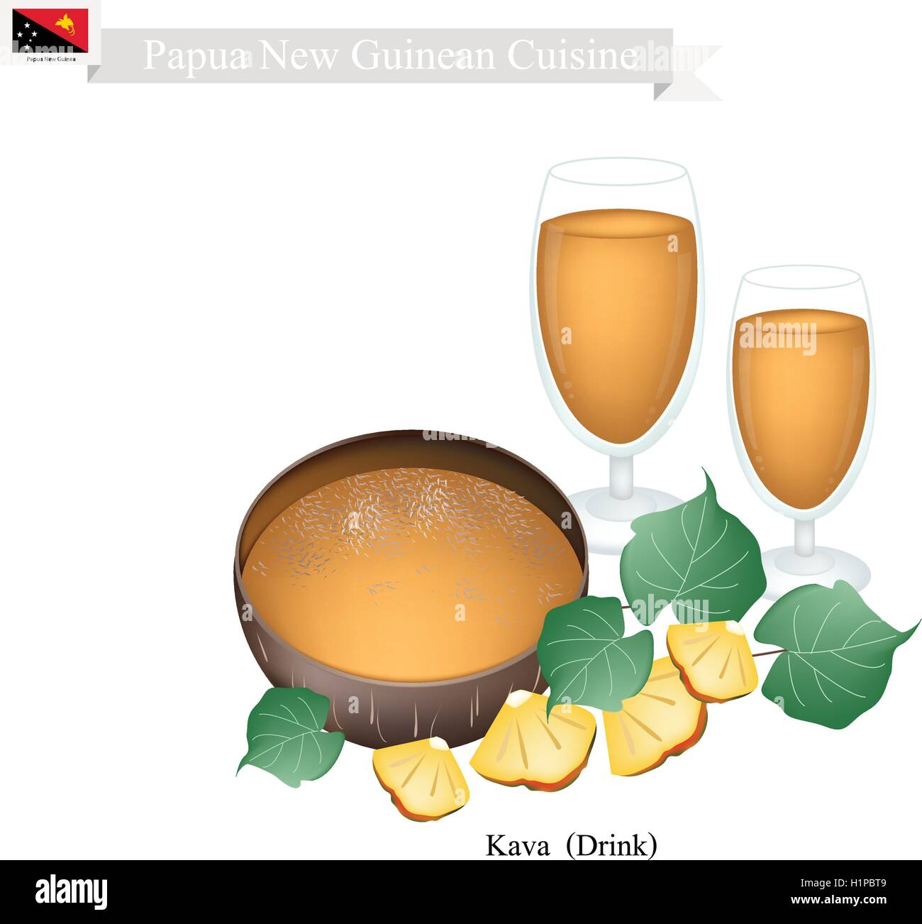 Papua Nuova Guinea, cucina illustrazione della Kava o bevanda tradizionale fatta dalle radici della pianta di Kava mescolato con acqua. Uno Illustrazione Vettoriale