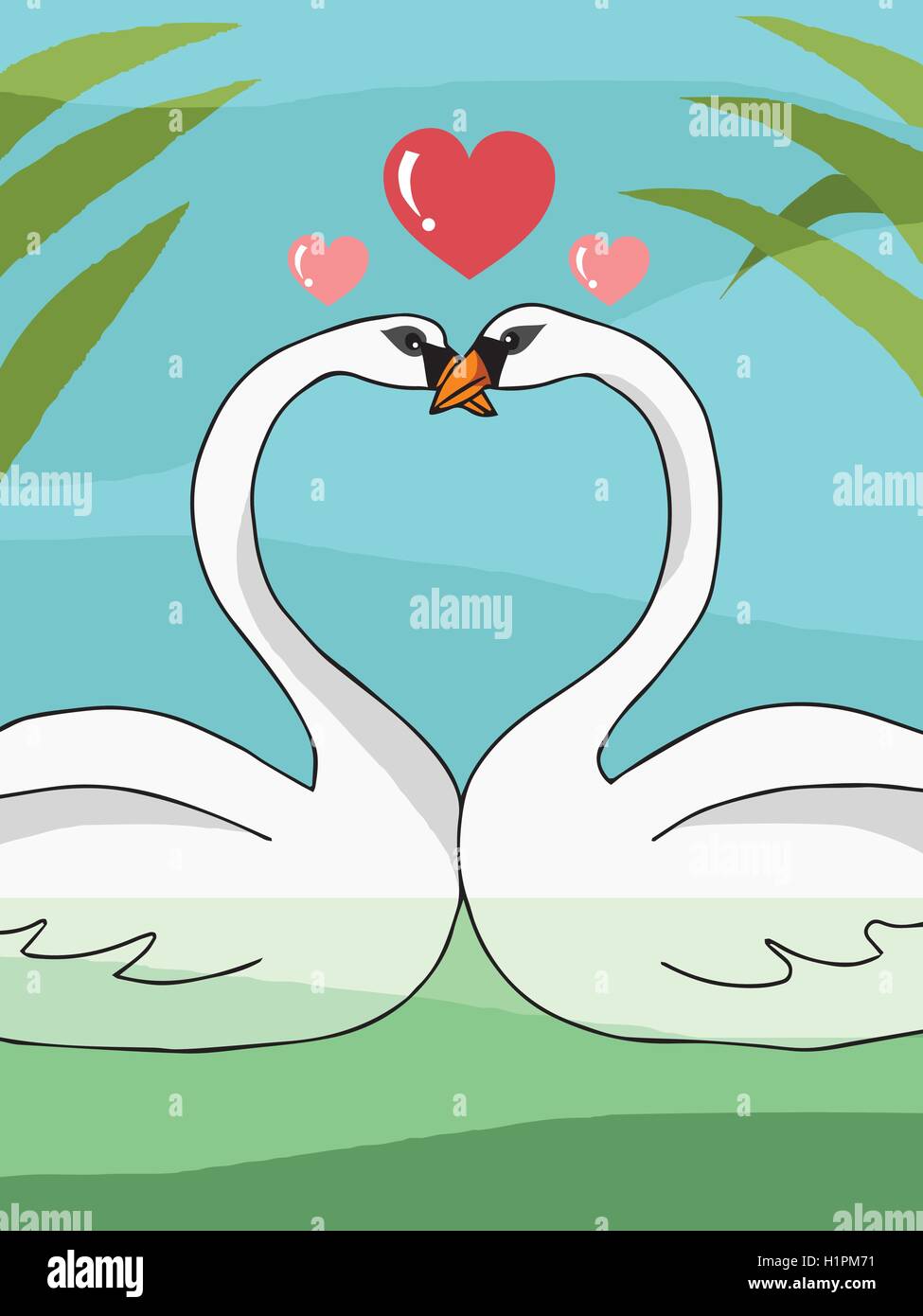 Vettore del giovane White Swan in amore, il giorno di San Valentino concetto Illustrazione Vettoriale