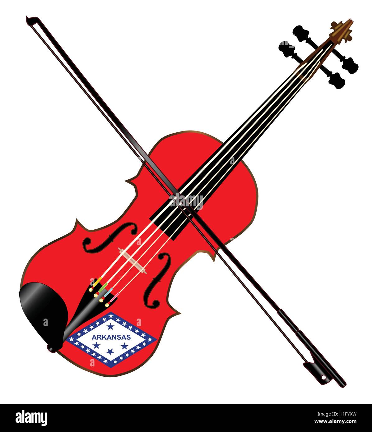 Un tipico del violino con Arkansas flag di stato e la prua isolate su uno sfondo bianco Illustrazione Vettoriale