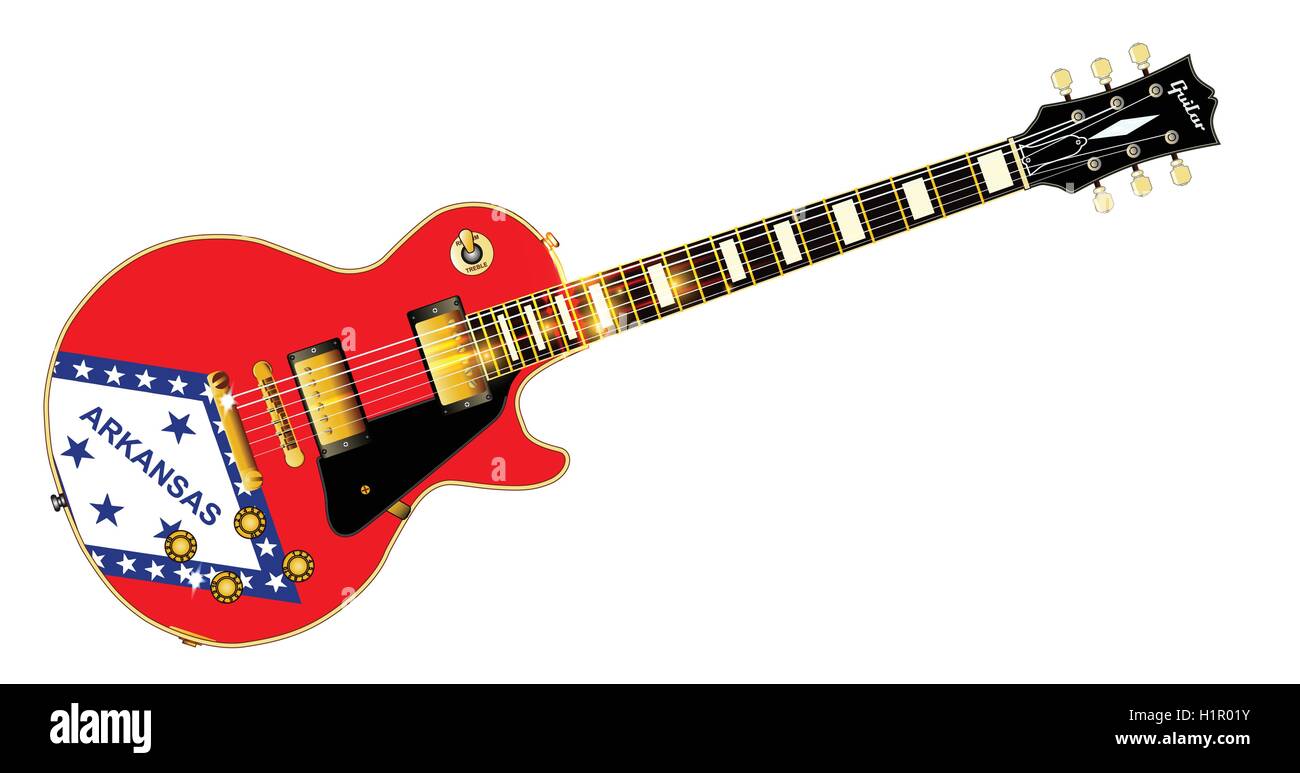 La definitiva rock and roll chitarra con l'Arkansas bandiera di Stato di bandiera tenuta isolate su uno sfondo bianco. Illustrazione Vettoriale