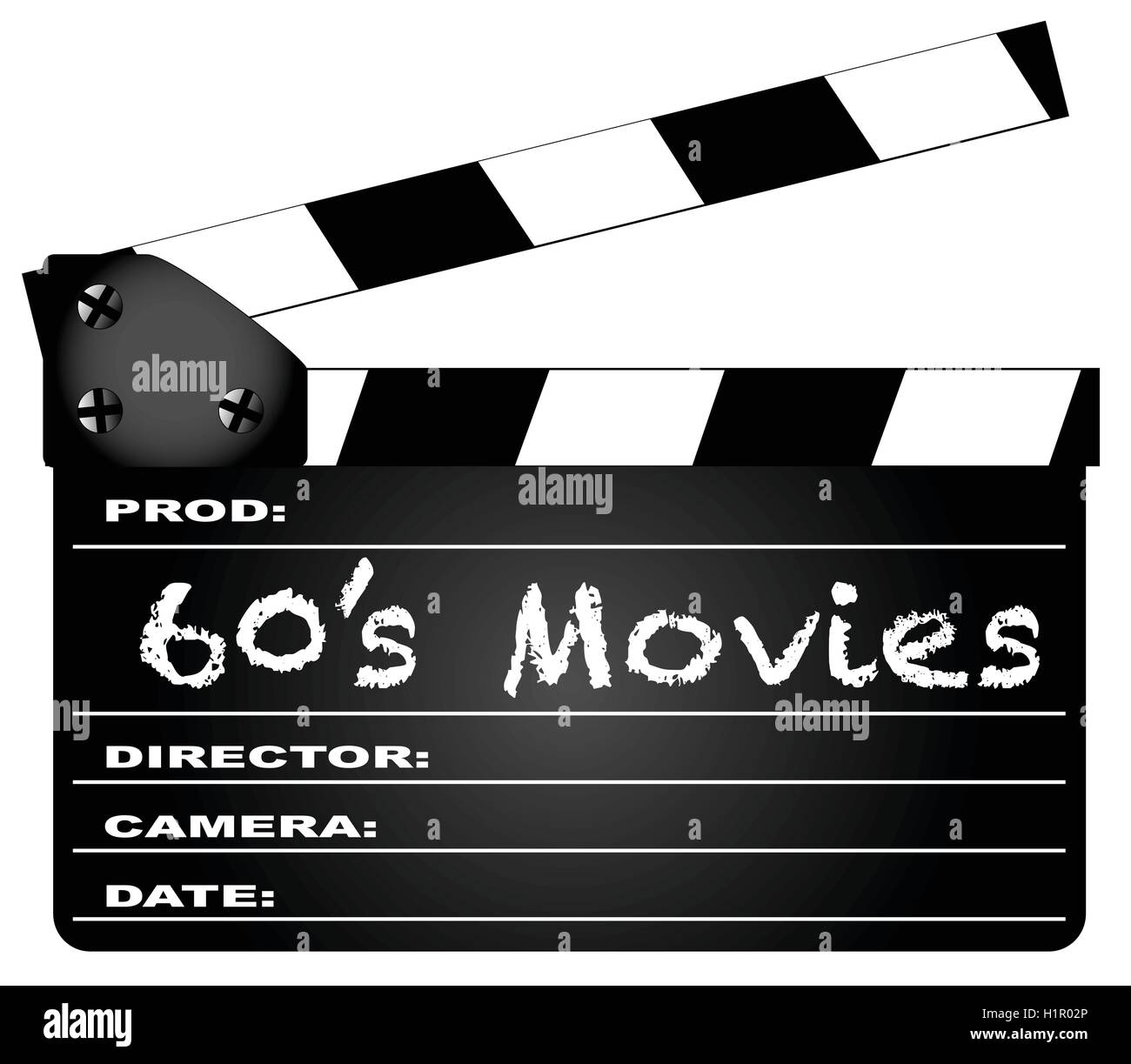 Un tipico film clapperboard con la legenda 60's film isolato su bianco. Illustrazione Vettoriale