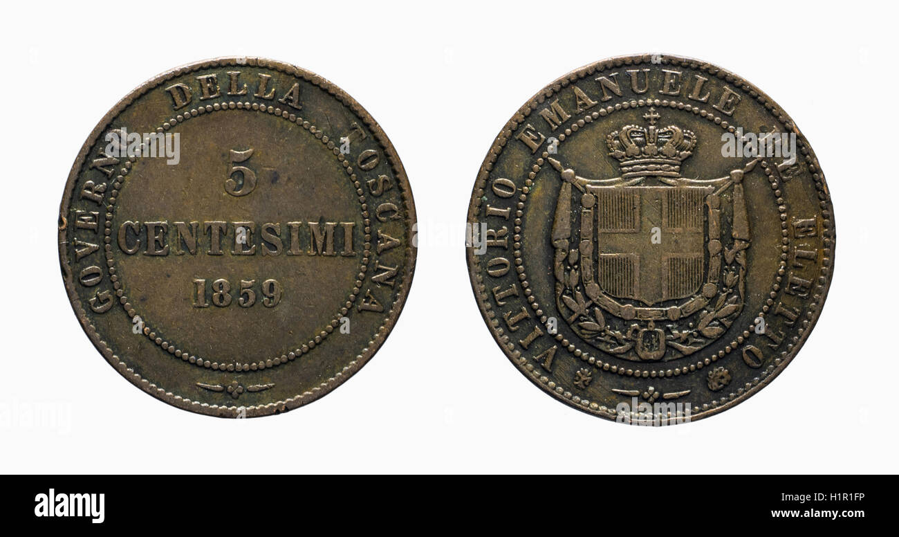 Cinque di 5 centesimi di Lire Savoy moneta di rame 1859 Vittorio Emanuele Savoia pre-unificazione dell'Italia, Savoy bracci sul sulla parte anteriore e sul valore di b Foto Stock