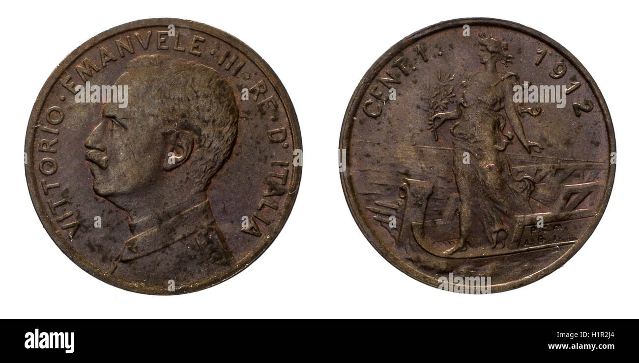 Uno 1 cento lire monete di rame 1912 Prora Vittorio Emanuele III Regno d'Italia, menta di Roma,Italia in barca sul davanti e Vittorio Foto Stock
