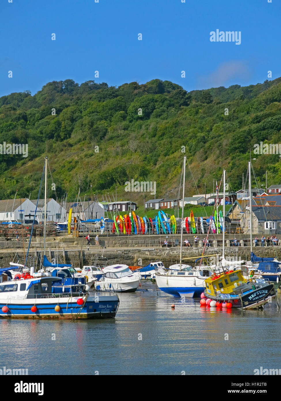 Colori del mare kayak memorizzati sul molo di Lyme Regis, Dorset, England, Regno Unito Foto Stock