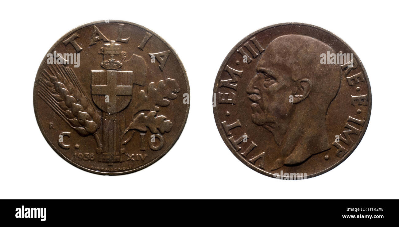Dieci centesimi di Lire monete di rame 1936 Impero Vittorio Emanuele III Regno d'Italia, menta di Roma Vittorio Emanuele capo della parte anteriore, Foto Stock