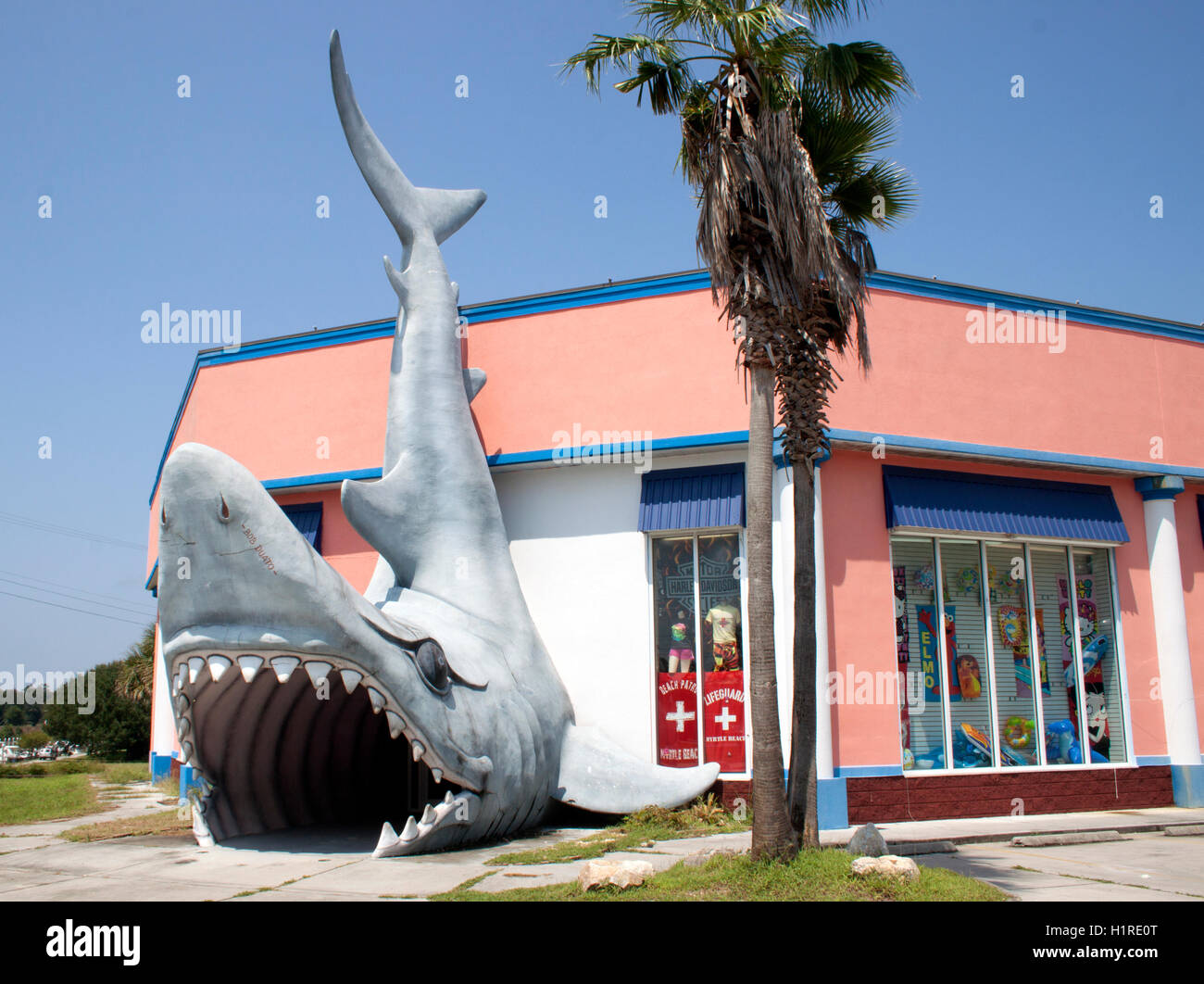 Un enorme squalo con mascelle spalancate forma l'ingresso a un negozio di Myrtle Beach, una spettacolare attrazione lungo la strada e un punto di riferimento costiero da fotografare. Foto Stock