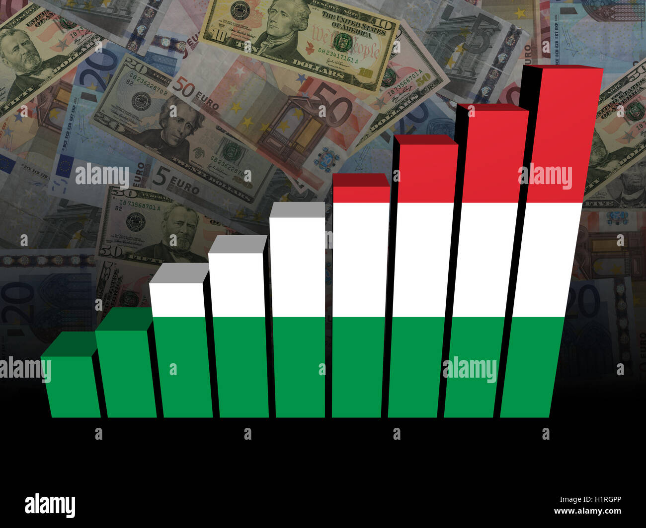 Bandiera ungherese barra del grafico al di sopra di dollari ed euro illustrazione dello sfondo Foto Stock