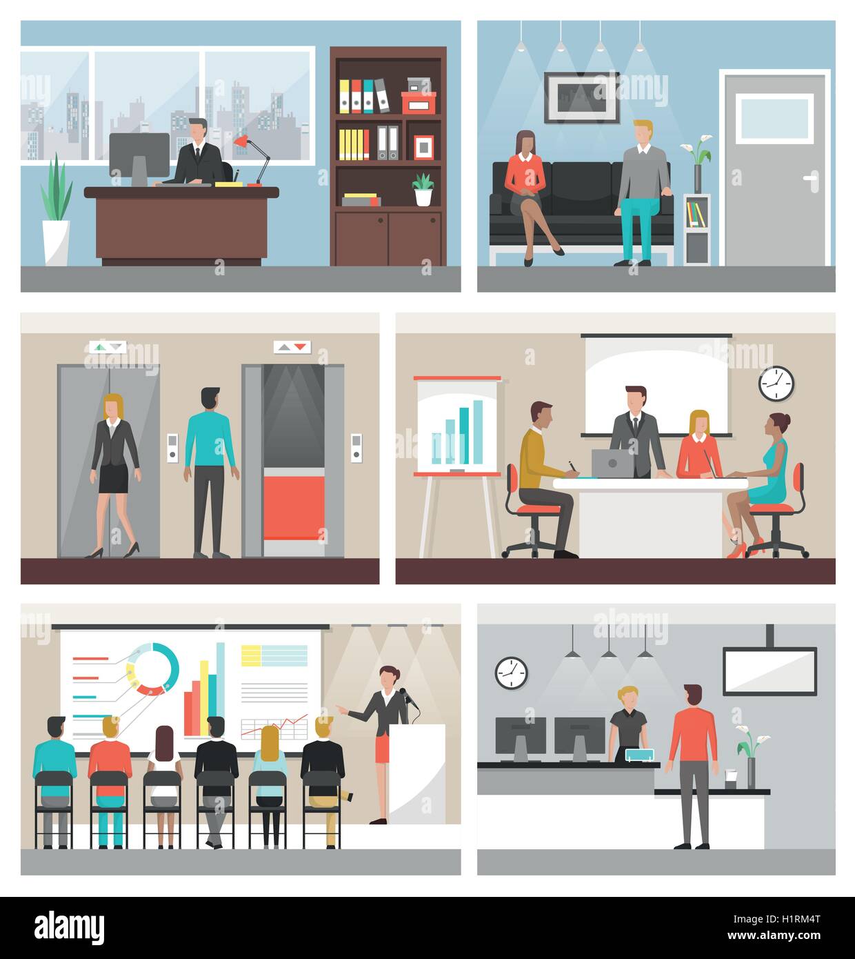 La gente di affari che lavorano in ufficio e di edifici aziendali, la sala conferenze, la reception, sala di attesa e ascensori Illustrazione Vettoriale