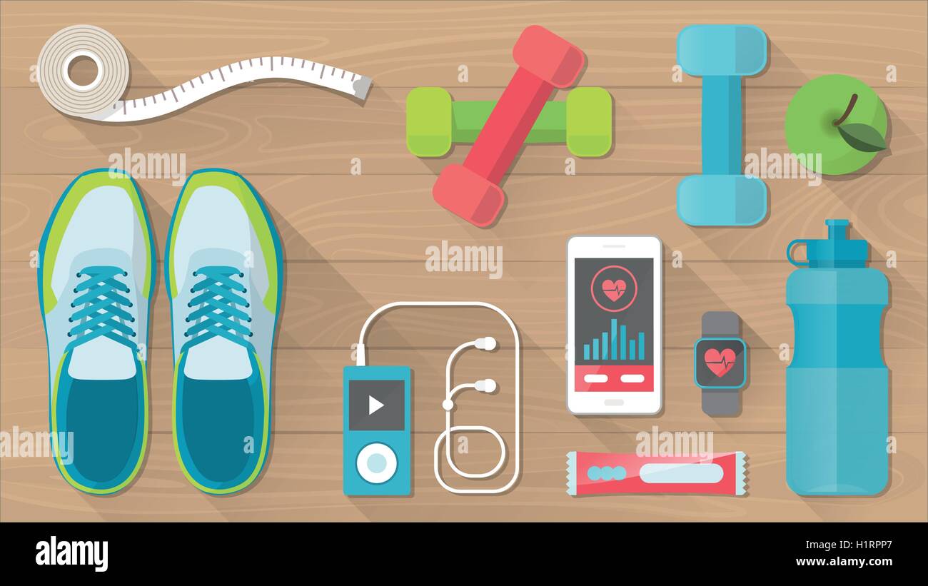 Sport e attività fisica attrezzature, cibo sano e wellness banner, oggetti impostati su un pavimento di legno, vista dall'alto Illustrazione Vettoriale