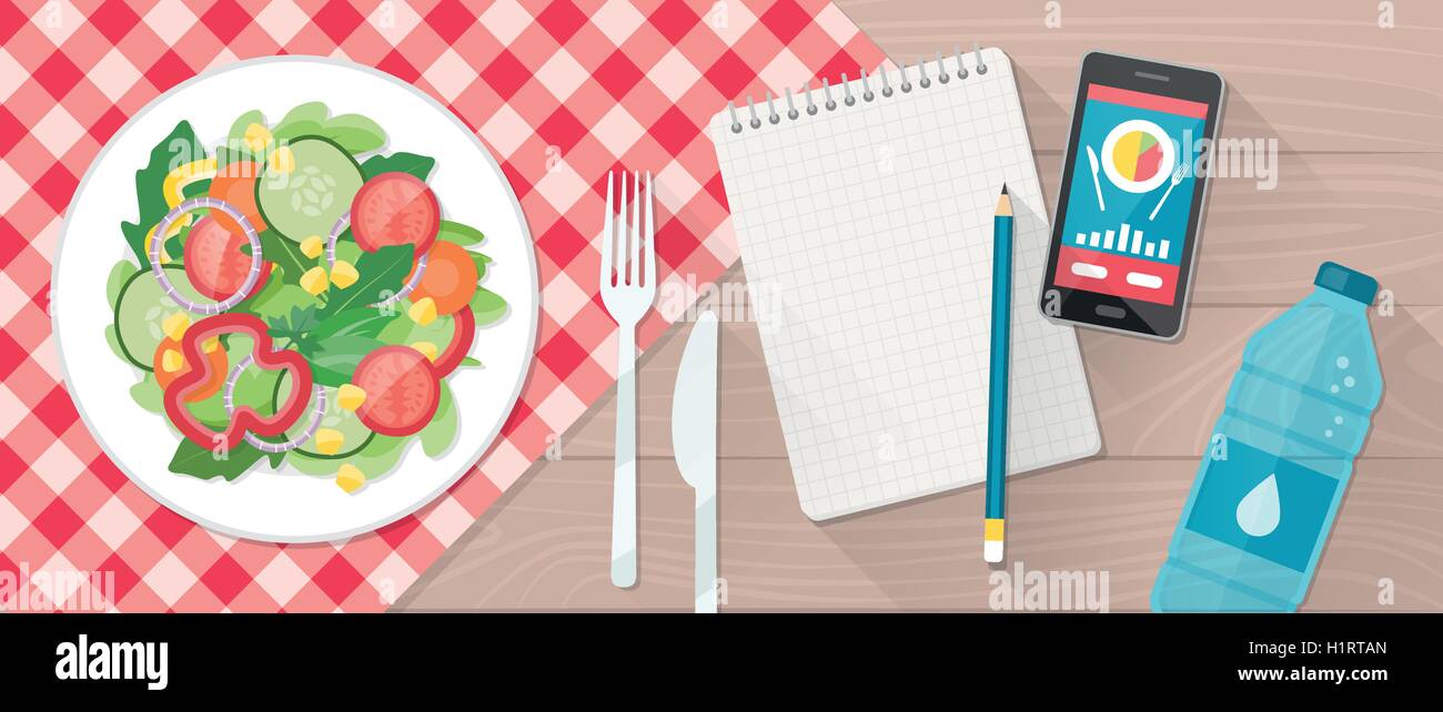 Cibo, dieta, uno stile di vita sano e perdita di peso banner con un piatto di insalata, tabella, smartphone e programma di dieta su un notebook Illustrazione Vettoriale