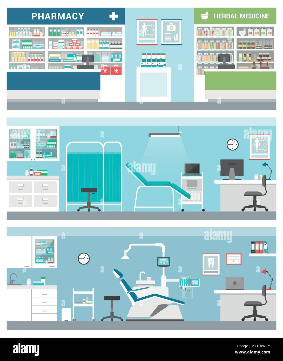 La sanità e le cliniche set banner: farmacia, erboristeria, ambulatorio medico, dentista Illustrazione Vettoriale