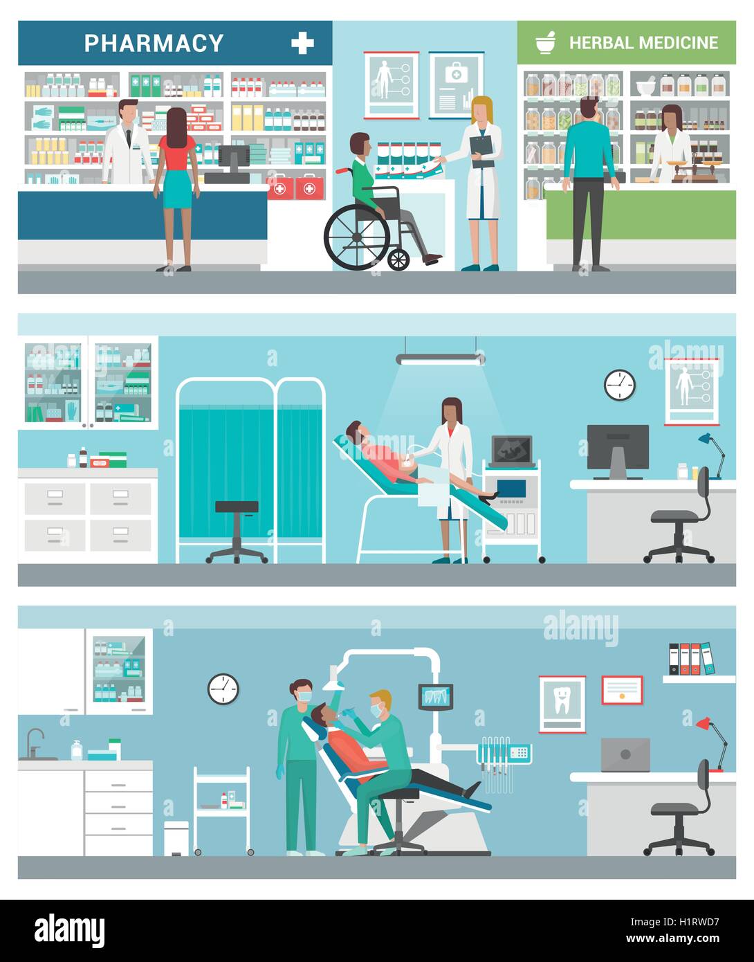 La sanità e le cliniche banner impostato con i medici e i pazienti: farmacia, ginecologo e dentista Illustrazione Vettoriale