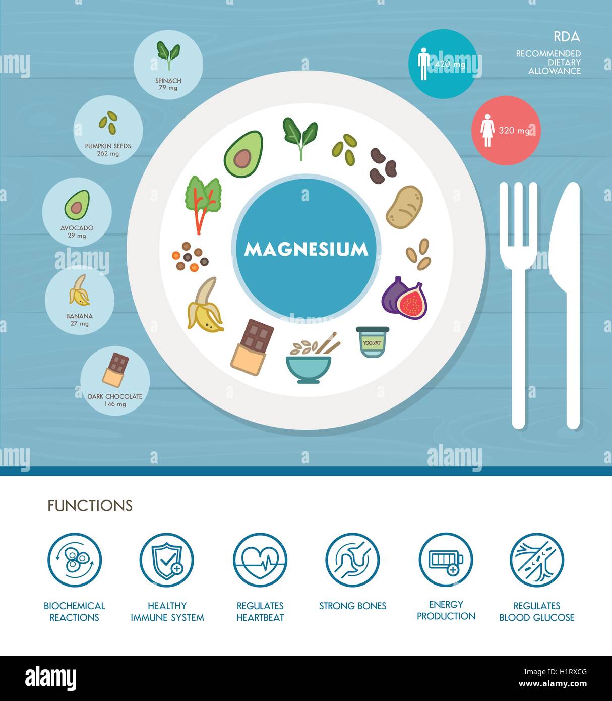 Il magnesio nutrizione minerale ed infografico con medici e cibo icone: dieta, il cibo sano e il concetto di benessere Illustrazione Vettoriale