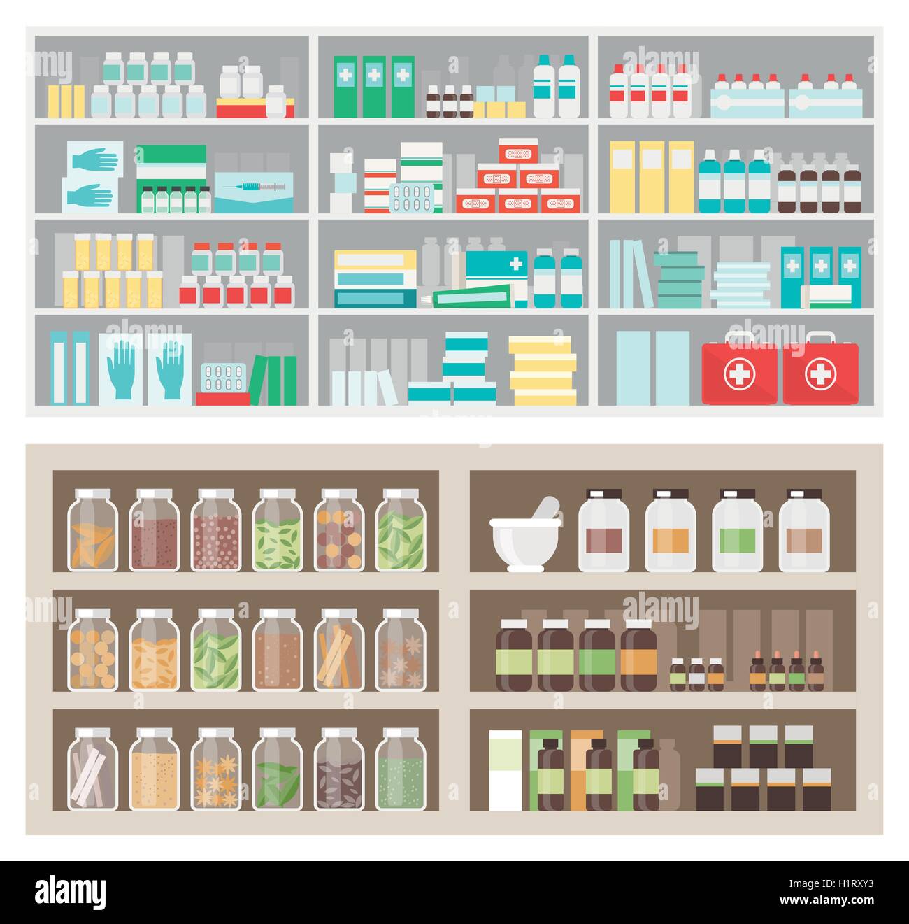 Farmacia ed Erboristeria negozio scaffali e display con prodotti medicinali, rimedi naturali, vasetti bottiglie e scatole Illustrazione Vettoriale