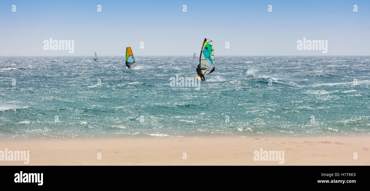 Tarifa, Costa de la Luz, la provincia di Cadiz Cadice Andalusia. Il windsurf. Tarifa è soprannominata la capitale europea del vento Foto Stock