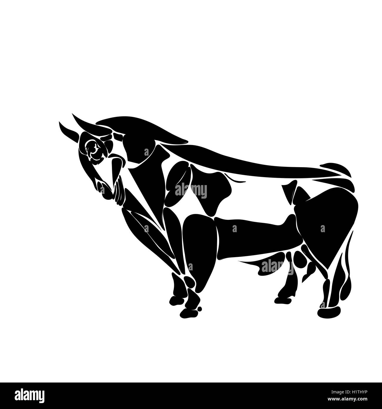 Stilizzata toro nero profilo costituito da frammenti isolati su uno sfondo bianco, tatuaggi, illustrazione Illustrazione Vettoriale