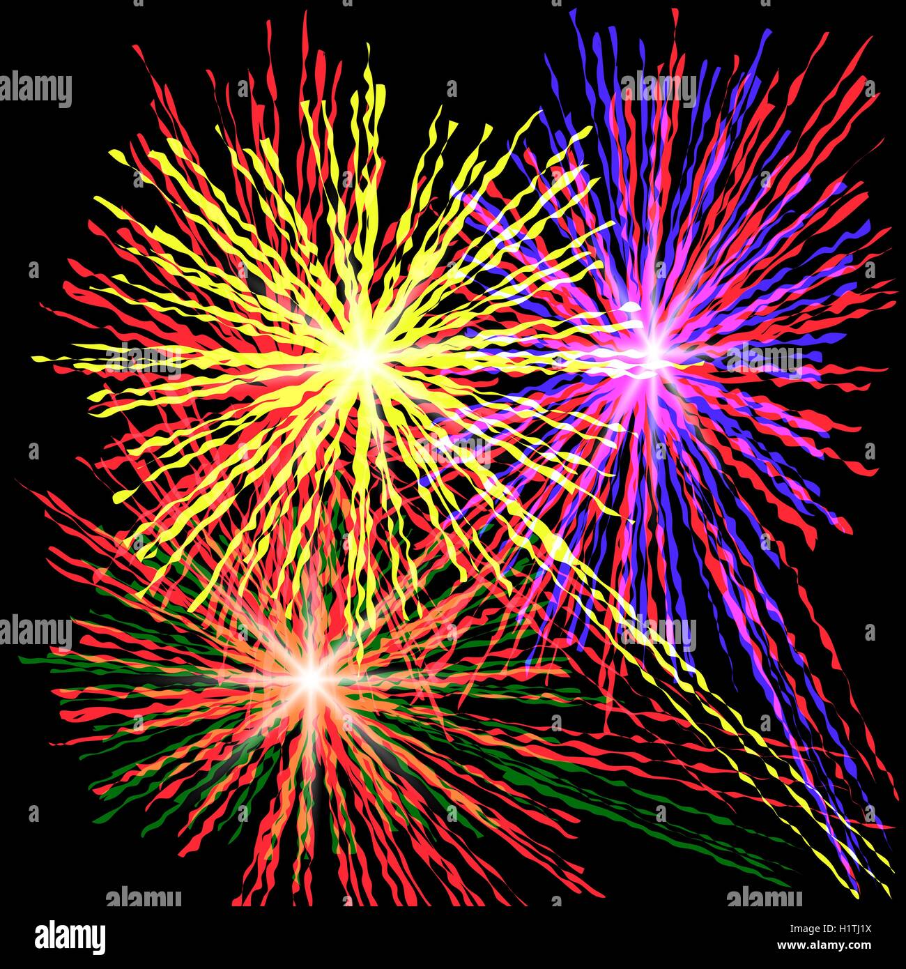 Modellato festosi fuochi d' artificio che esplodevano in varie forme scintillante pittogrammi impostato su sfondo nero astratto illustrazione isolato Illustrazione Vettoriale