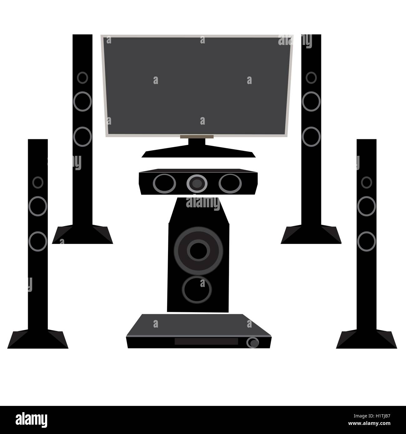 Set HI-FI elettrodomestici TV e apparecchiature audio 5.1 isolato su un fondo bianco, illustrazione Illustrazione Vettoriale